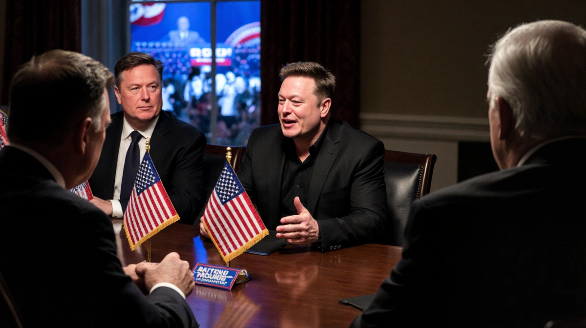 Elon Musk gesturing to the right with Steve Bannon nodding and Charlie Kirk nearby during a political campaign meeting