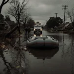 Inflatable raft drifts in flooded street with debris and fallen trees