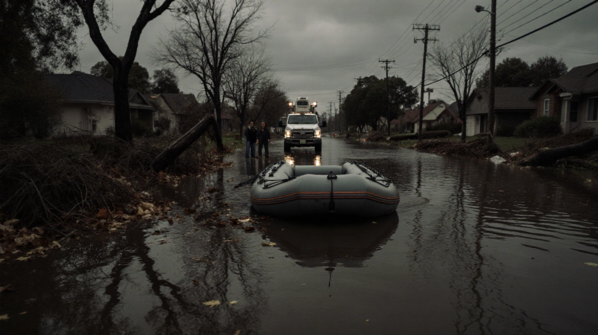 Inflatable raft drifts in flooded street with debris and fallen trees