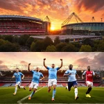 Three football players sprinting forward with arms raised against sunset‑lit stadiums and lush greenery