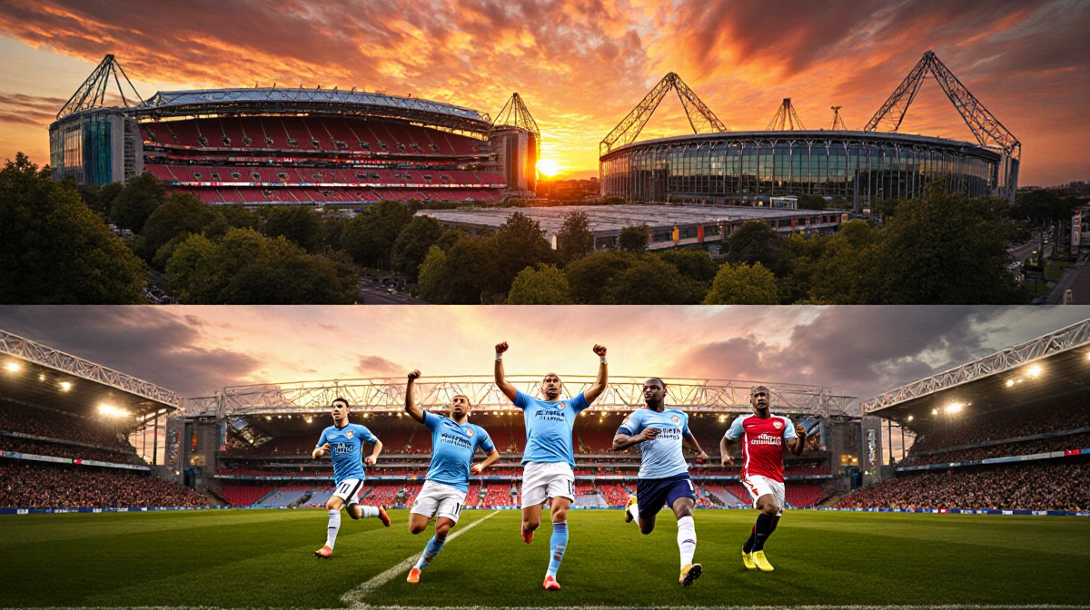 Three football players sprinting forward with arms raised against sunset‑lit stadiums and lush greenery