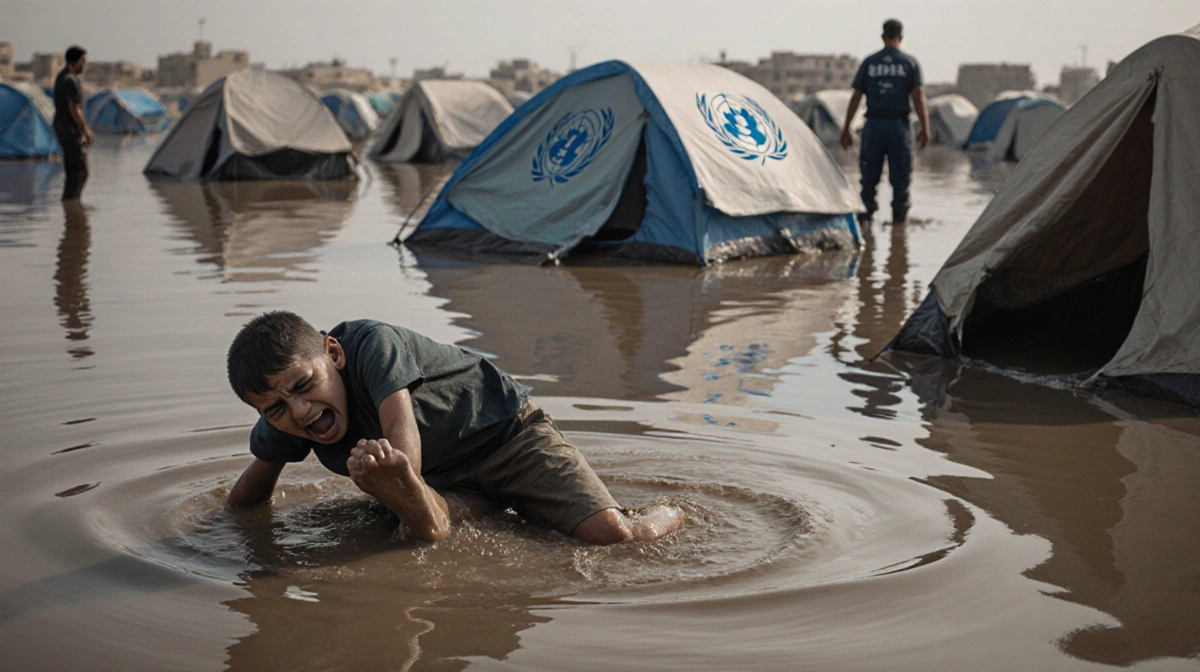 Young boy being pulled from muddy water with silent scream face and partially submerged tents in a flooded Gaza camp with UN