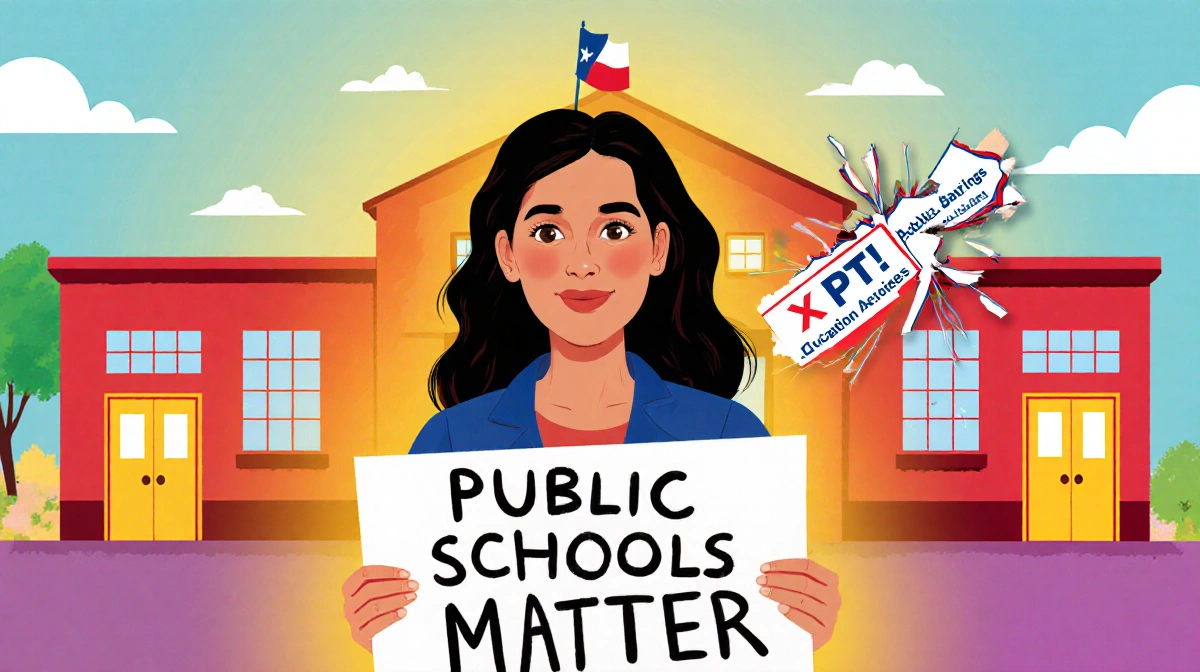 Gina Hinojosa standing before Austin school holding Public Schools Matter sign with torn Education Savings Account plan