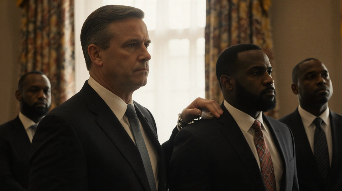 Governor Reeves stands beside Marcus Taylor with hand on shoulder while Marcus is cuffed and Maurice Taylor looks hopeful for