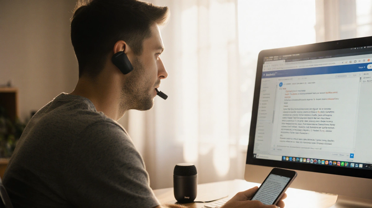 Person speaking into wireless mic at desk with Handy speech-to-text interface on screen and tablet nearby