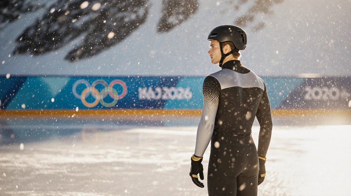 Ilia Malinin stands on a frozen pond gazing at the Alps while a 2026 Olympics logo floats on the ice warm glow highlights his
