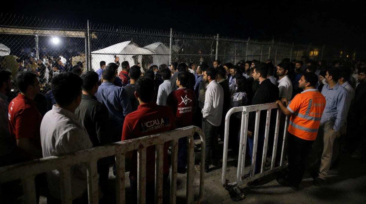 Aid workers stand behind barricades while Gaza clinic and waiting people appear through fence at border crossing.