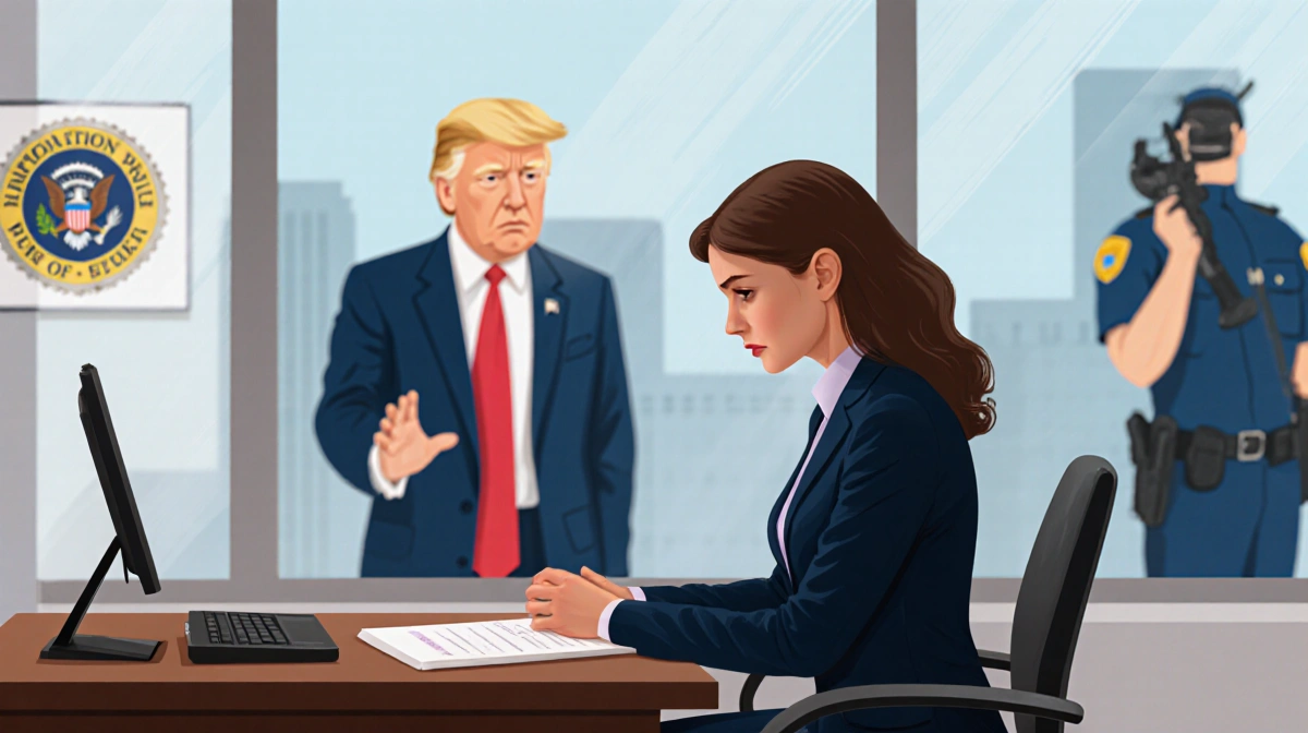 Journalist sits at desk looking worried with blurred Trump figure in window and police badge in background