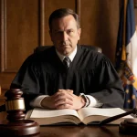 Judge Matthew Sharbaugh stands with two gavels and a handcuffed hand on table while a flag waves in background.