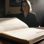 Worn leather‑bound letter lies open with a resignation letter and a faint judge signature shadow in a room with a faded blue