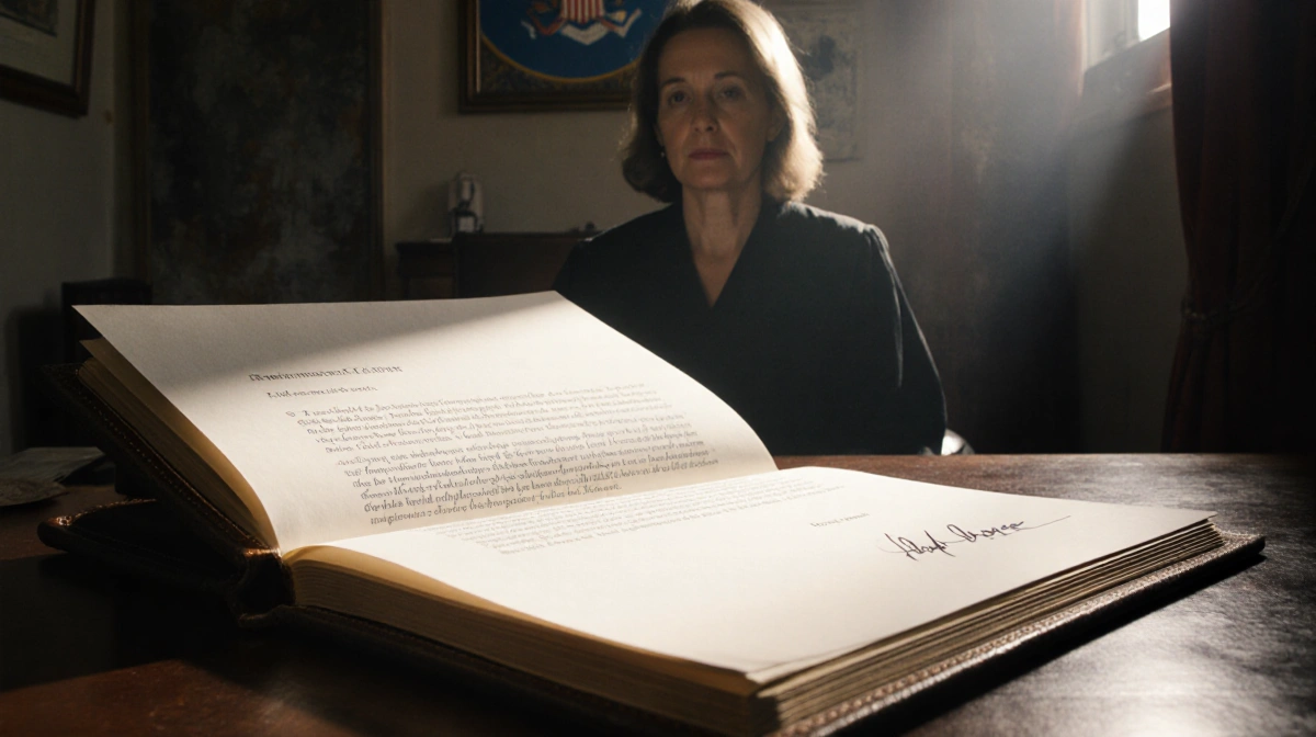 Worn leather‑bound letter lies open with a resignation letter and a faint judge signature shadow in a room with a faded blue