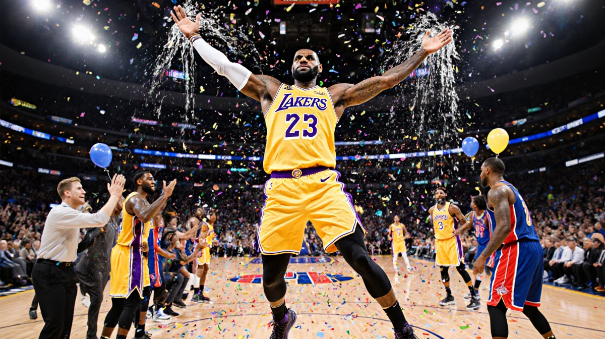 LeBron James jumping onto court with teammates spraying with water and confetti swirling around as Cade Cunningham watching.