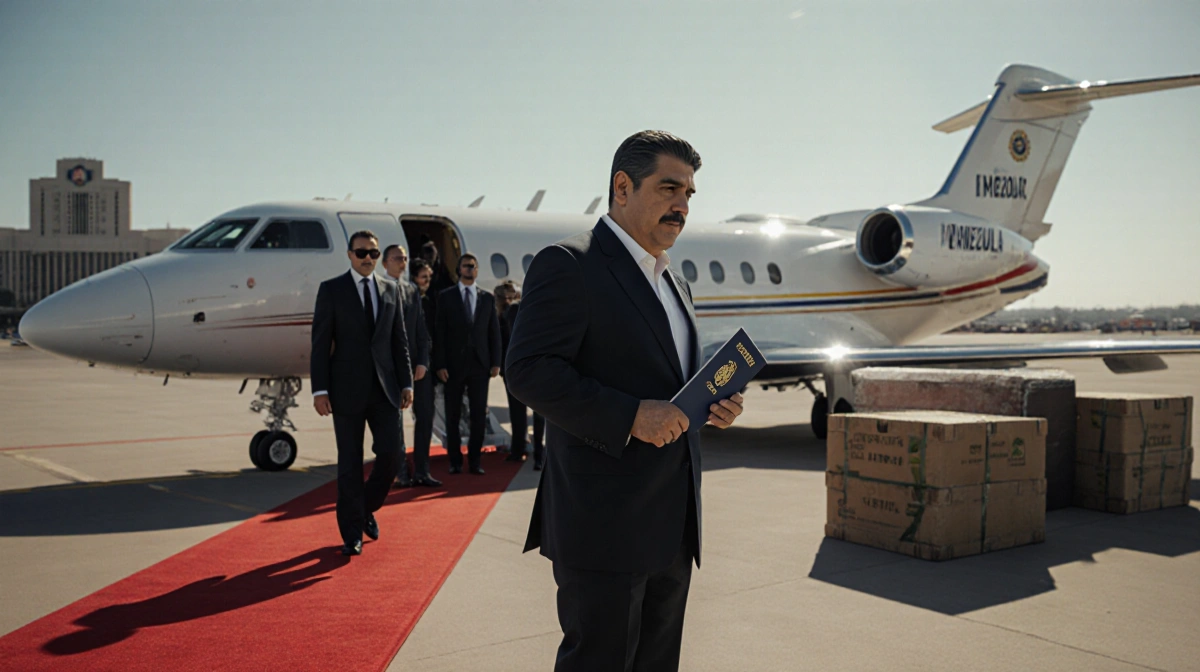 Maduro stands on runway holding passport with a private plane arriving and traffickers in suits nearby