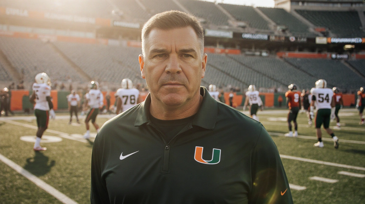 Miami Hurricanes coach Mario Cristobal addressing his team on the sidelines with stadium gridiron and golden light