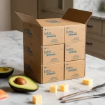 Meal prep boxes arranged on marble counter with warm lighting and avocado and salmon fillets nearby.