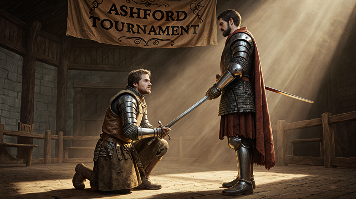 Dunk kneels pleading before Ser Arlan in medieval hall with ornate armor and foil backdrop of golden-lit Ashford banner