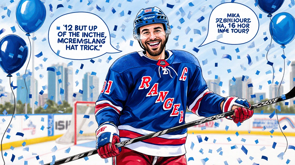 Mika Zibanejad holds a hockey stick with balloons Miami skyline celebrating his hat trick