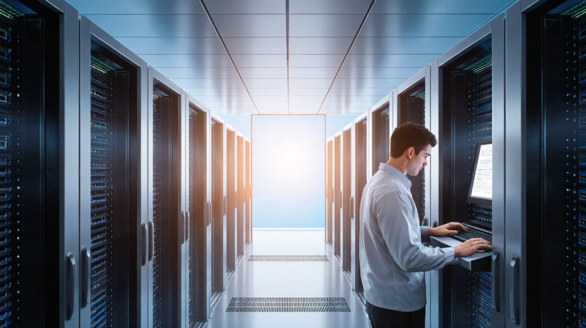 Technicians working on computer screens with humming modern servers and a blue gradient backdrop