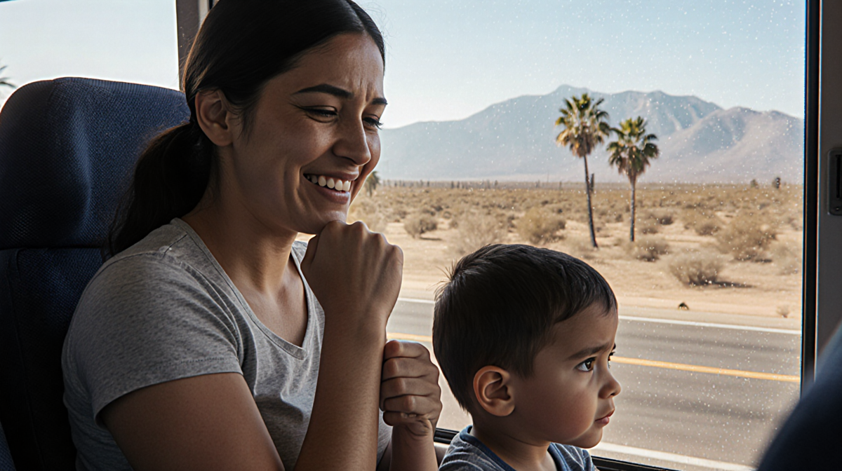 Venezuelan mother sits on shuttle holding 3-year-old son with palm trees and mountains in warm light