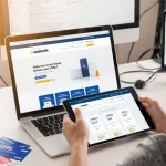 Casual person looking at camera holding tablet with NordVPN homepage and coupons scattered on desk under warm lighting.