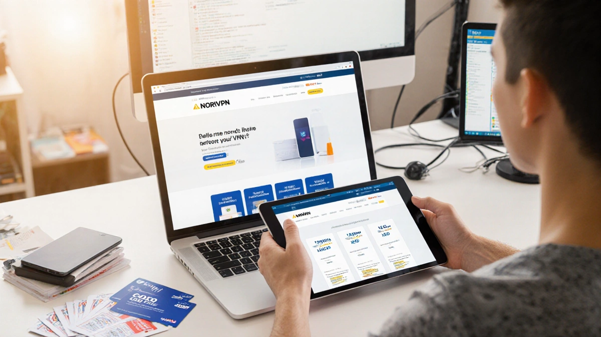 Casual person looking at camera holding tablet with NordVPN homepage and coupons scattered on desk under warm lighting.