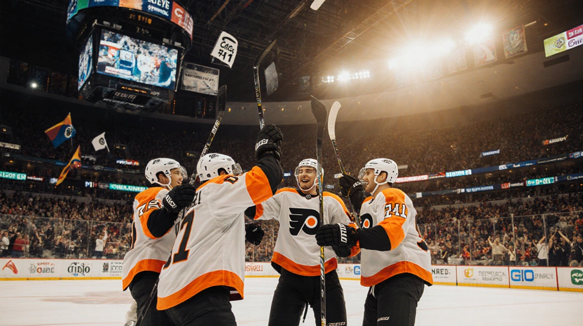 Flyers players high‑fiving after a win with sticks showing goal numbers and a cheering crowd in golden arena lights.