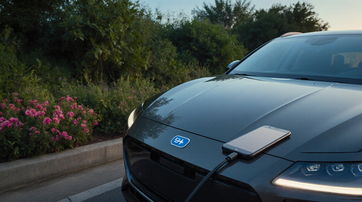 Hybrid car illuminating green foliage with headlights and smartphone charger on hood