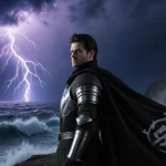Knight Daniel Ings standing on cliff with stormy sea and flashing lightning overhead.