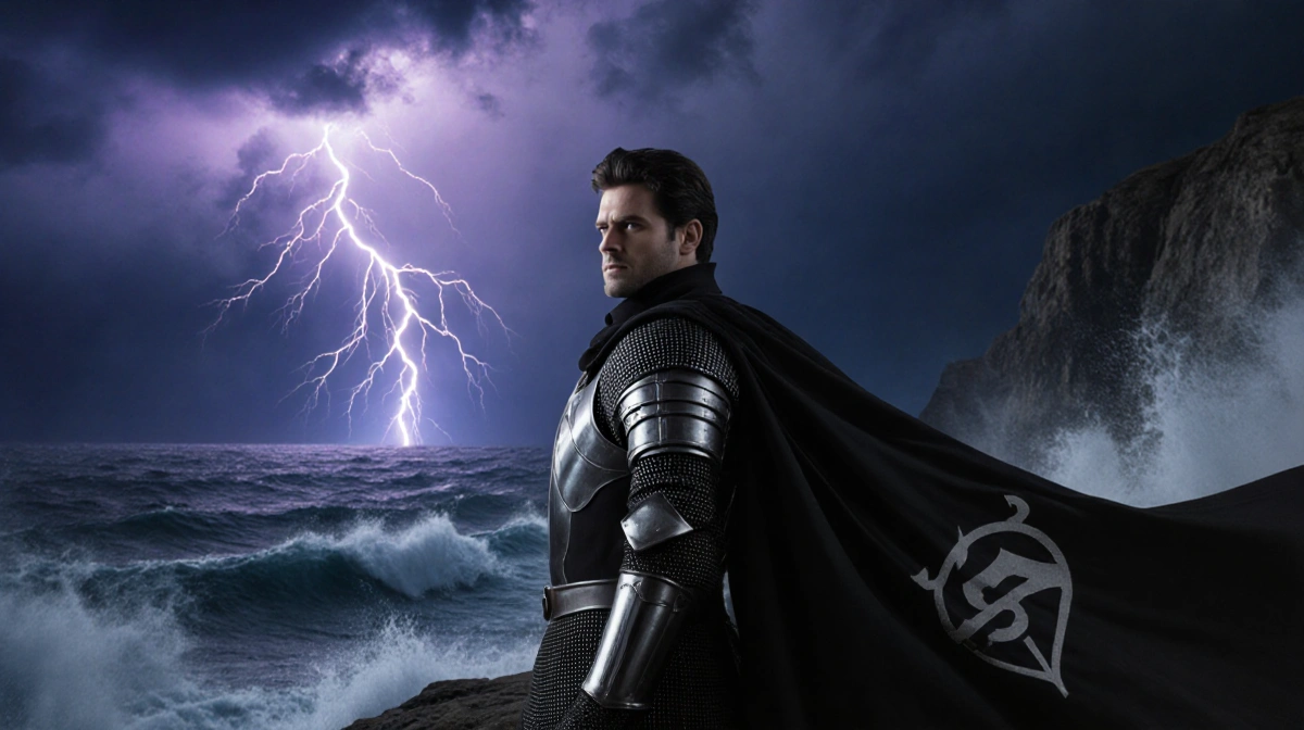 Knight Daniel Ings standing on cliff with stormy sea and flashing lightning overhead.
