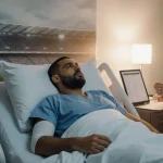 Roberto Carlos sits in a hospital bed with arm elevated and bandage doctor at bedside table and soccer ball background