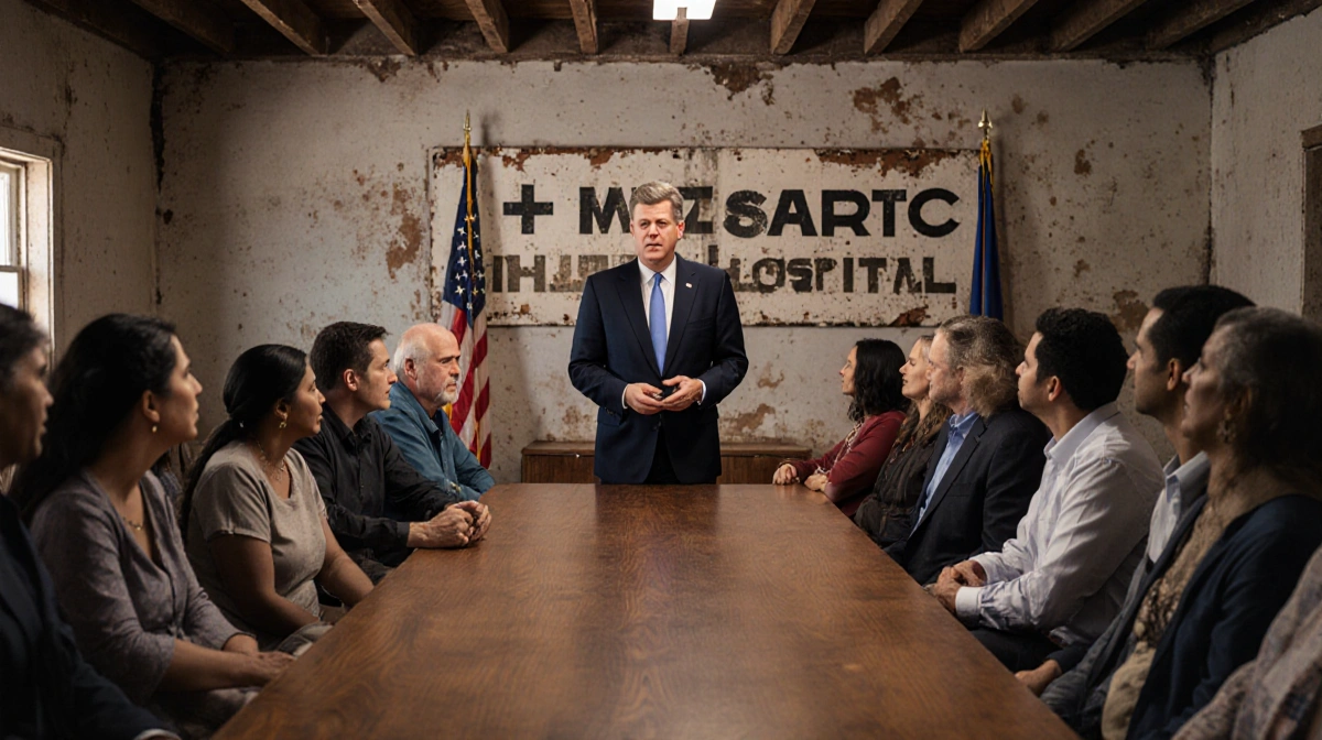 Robert F. Kennedy Jr. speaking to hall members around a wooden table with a hospital sign in background