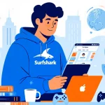 Person sitting at laptop with Surfshark hoodie and tablet streaming app, blue orange colors and coffee cups and gaming contro