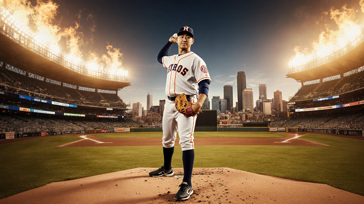 Tatsuya Imai pitcher stands on the mound with his glove and Astros logo cap while the Houston skyline glows behind him