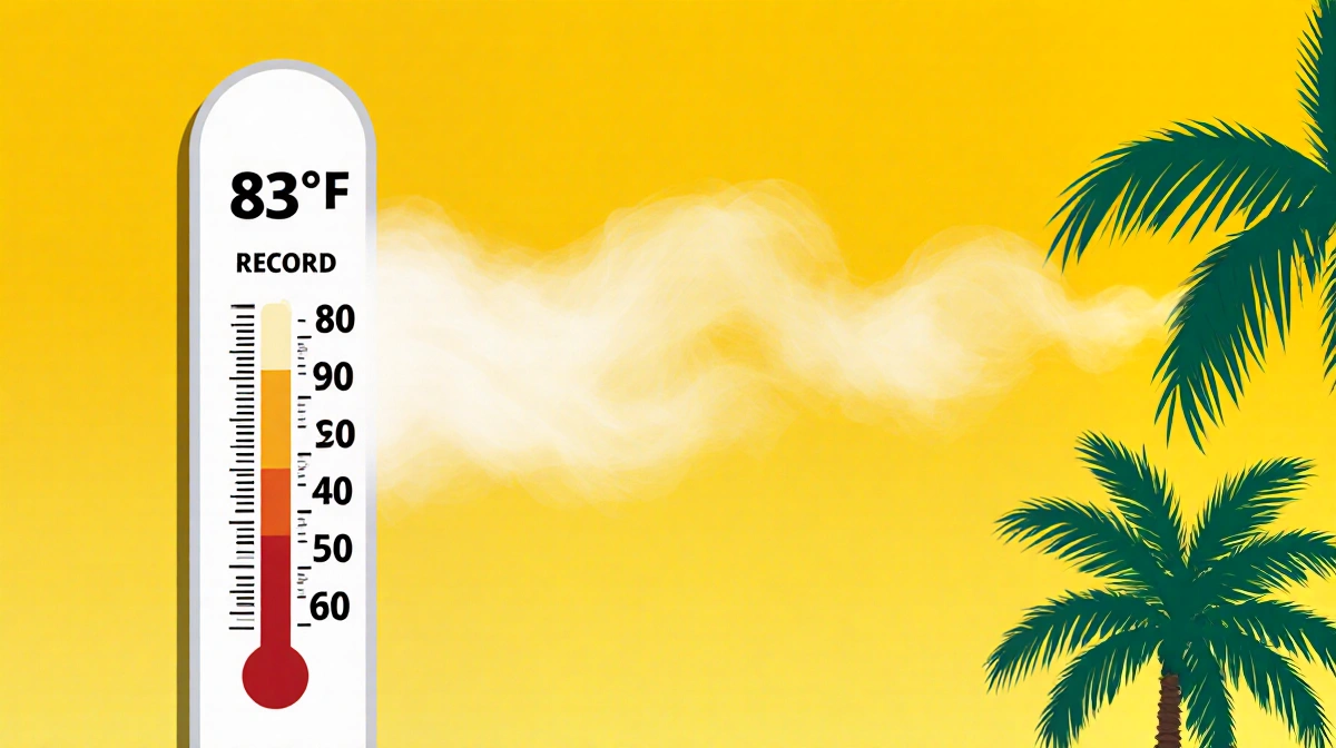 Thermometer with gradient showing 83°F with sunny yellow background and palm leaves fluttering in breeze