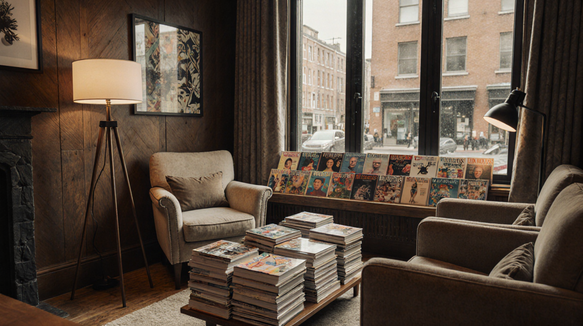 Reader sits in cozy armchairs reading magazines with natural light from large windows and cityscape outside
