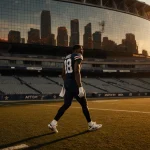 Football player Trevon Diggs walking away from AT&T Stadium with sunset sky and Dallas skyline reflected on glass