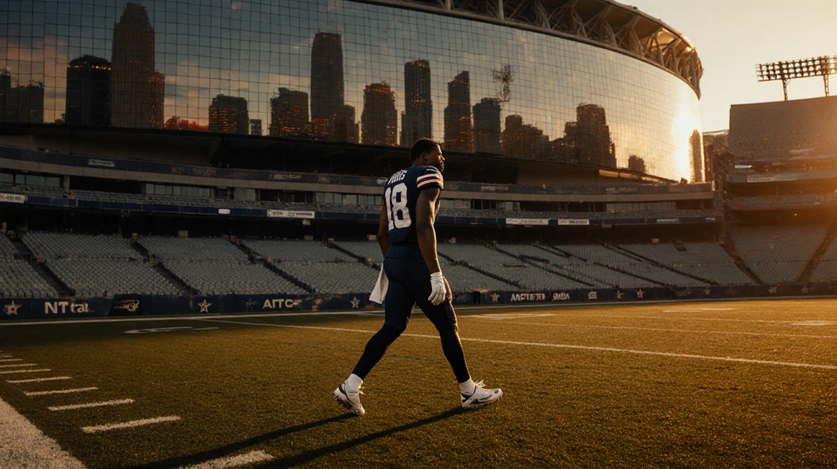 Football player Trevon Diggs walking away from AT&T Stadium with sunset sky and Dallas skyline reflected on glass