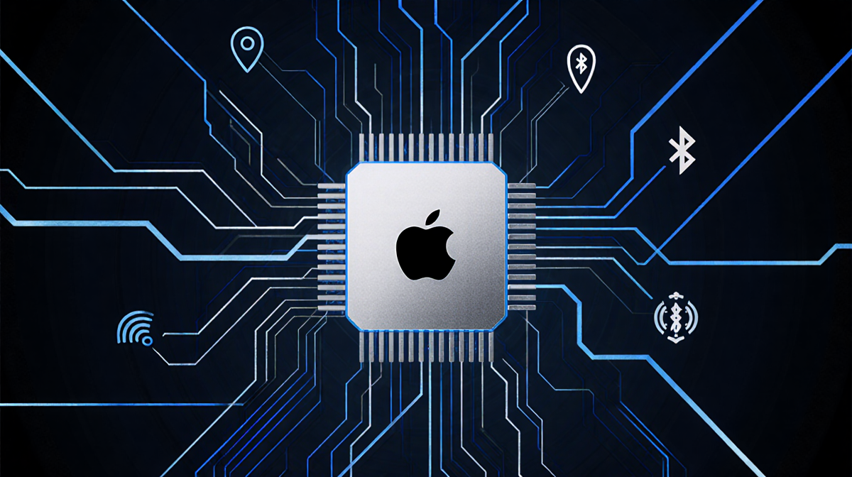 Ultra Wideband chip radiating waveform patterns with blue background and Apple logo near Bluetooth icons and location data