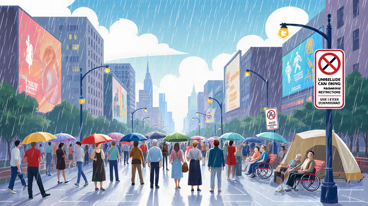 People walking on urban sidewalk with umbrellas and clear signs saying Umbrella-Free Zones in background.