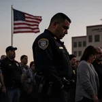 Officer Adrian Gonzales standing memorial with head bowed and hands in pockets flag waves and school silhouette behind crowd.