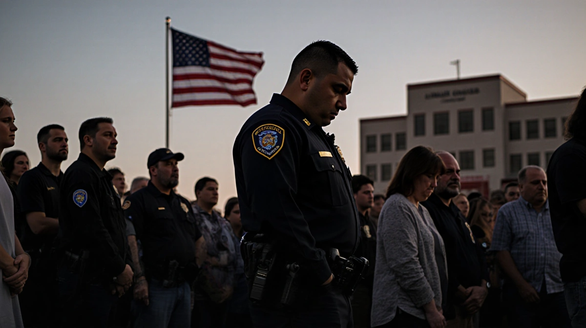Officer Adrian Gonzales standing memorial with head bowed and hands in pockets flag waves and school silhouette behind crowd.