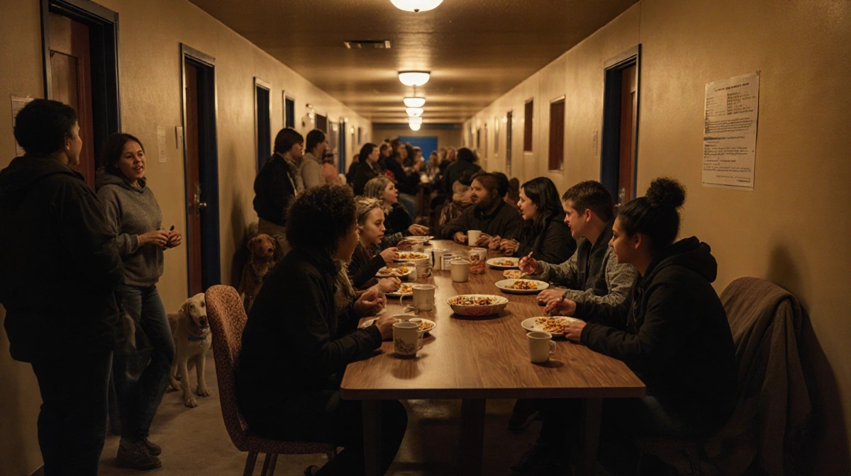 People sharing meals at a wooden table with warm lighting and community volunteers in a shelter hallway
