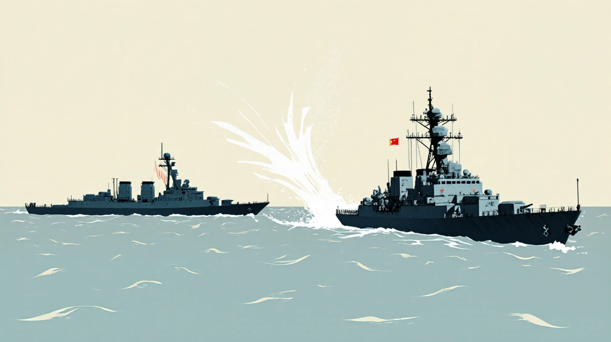 US Navy destroyer approaches Chinese PLAN ship with ripples in Taiwan waters and a faint map horizon