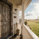 Home welcomes visitors with a weathered wooden front door and fresh paint beside a neatly trimmed lawn