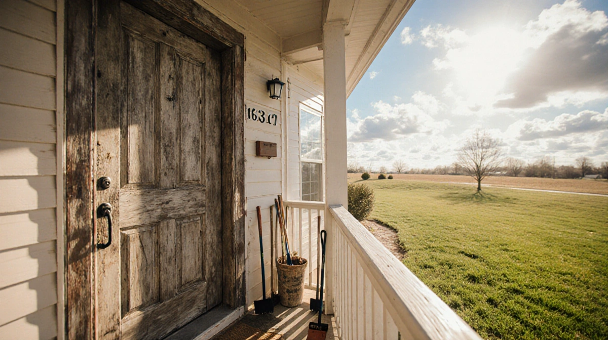 Home welcomes visitors with a weathered wooden front door and fresh paint beside a neatly trimmed lawn