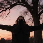 Woman standing with arms outstretched and hands cupped around face near a large oak tree in a winter landscape at dusk.