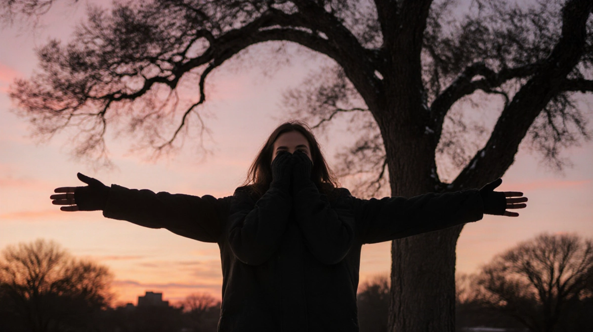 Woman standing with arms outstretched and hands cupped around face near a large oak tree in a winter landscape at dusk.