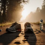 Worn‑out running shoes lying side by side on a wooden path at dawn with a silhouette of footprints and socks near a water bot