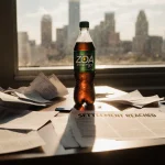 Bottle of ZOA Energy drink sits at the edge of a messy desk with warm light and headline Settlement Reached Austin skyline