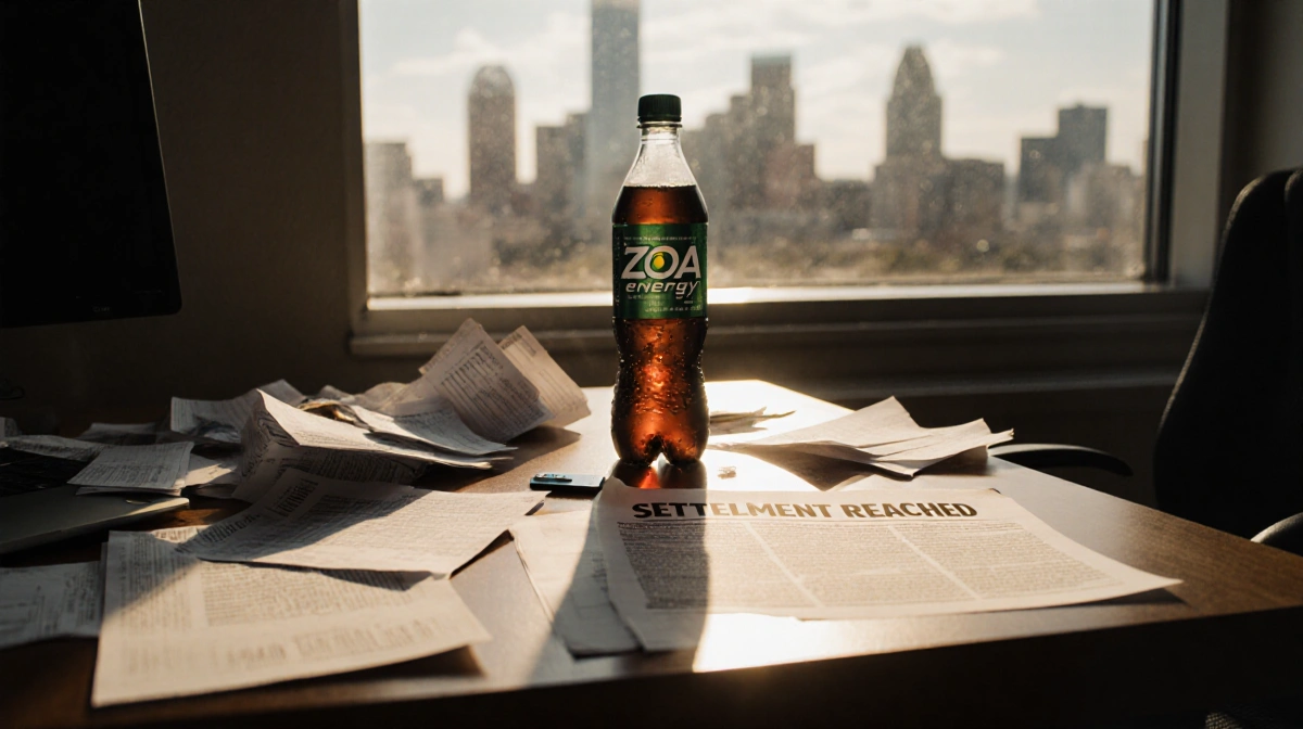 Bottle of ZOA Energy drink sits at the edge of a messy desk with warm light and headline Settlement Reached Austin skyline